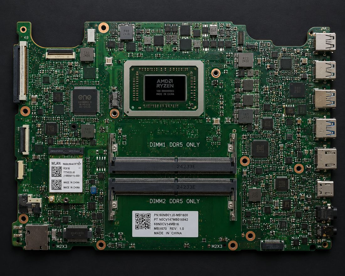 An AMD Ryzen laptop mainboard with DDR5 slots and the memory controller on the processor package.