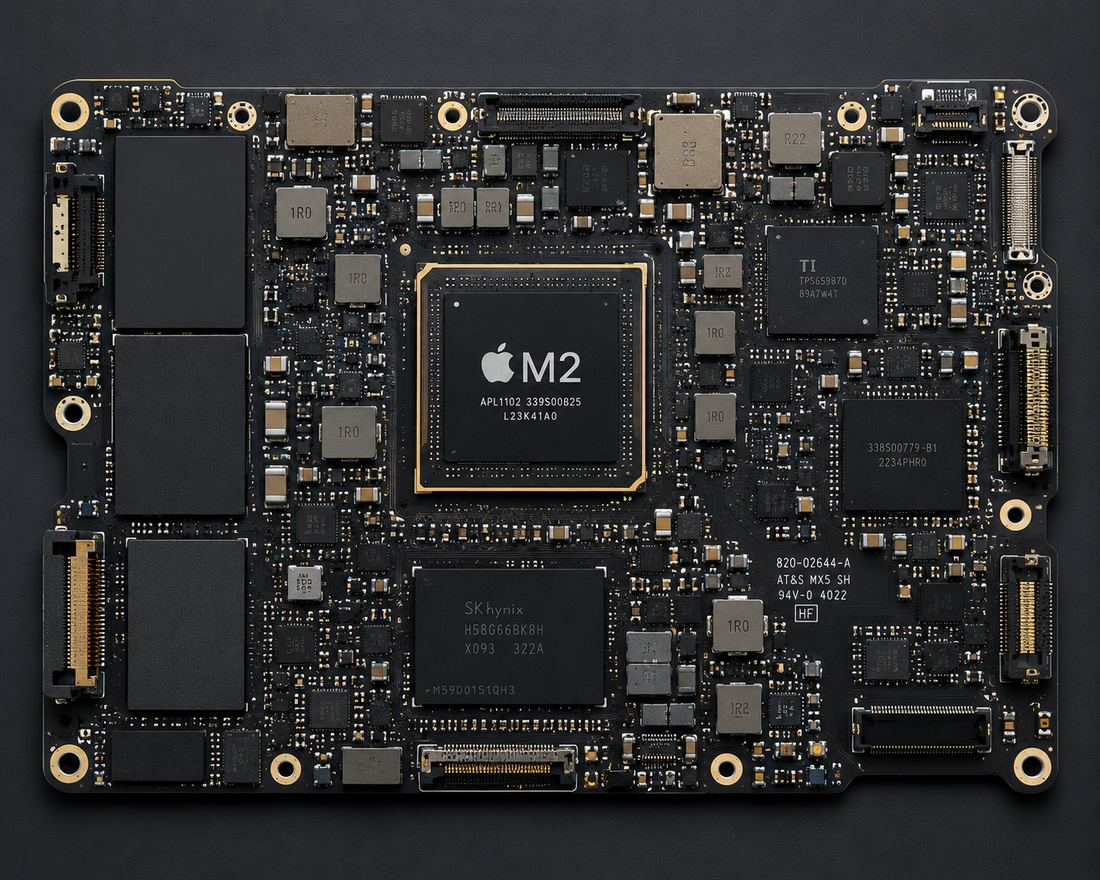 An Apple M2 logic board: the system-on-chip sits centre with memory and storage on the same board.