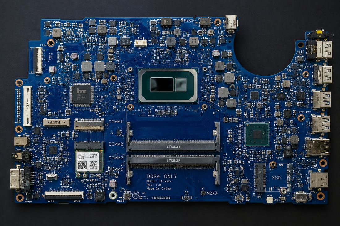 An Intel laptop mainboard: soldered CPU, DDR4 slots, and the platform controller hub at right.