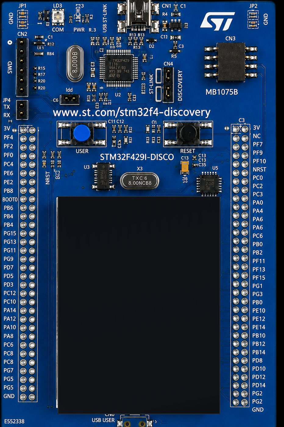 An STM32F429I-DISCO development board: Cortex-M4 microcontroller, 8 MHz crystal, and the 2.4 inch panel it drives.